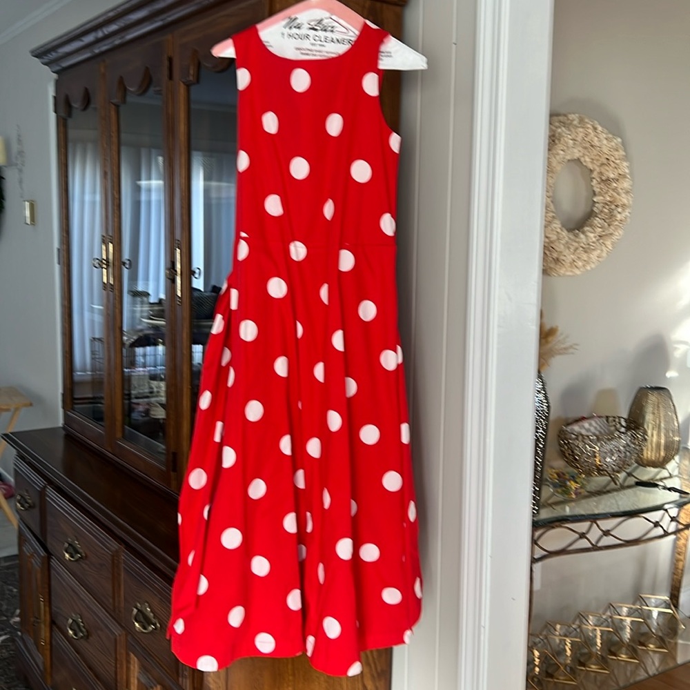 Red polka dot dress with belt bow